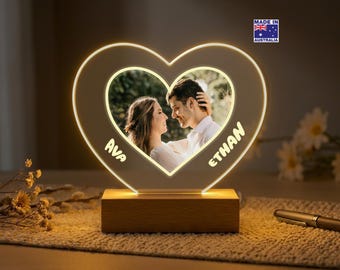 Personalized Minimalist Heart Photo Night Light with Wooden Base, Custom Couple Names LED Acrylic Lamp, Modern Wedding Gift