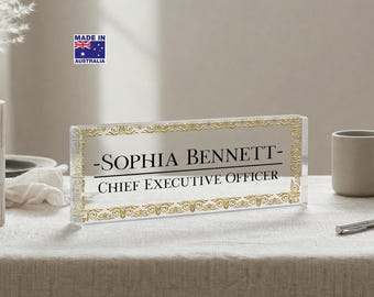 Personalized Acrylic Desk Name Plate, Custom Elegant Office Nameplate with Gold Ornamental Border, Boss Day Gift, Executive Desk Sign
