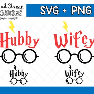 May include: Two digital designs featuring the words "Hubby" and "Wifey" in a red, stylized font with a lightning bolt above each word. Each word is paired with a black and white illustration of round glasses.