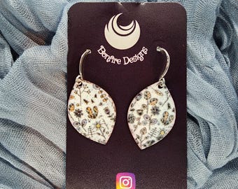 Floral Doodles Hand Fired Modern Leaf shape White Gray Black Earrings MADE IN ALASKA