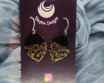 18k Gold Painted Black Flourishes Leaf shape Hand Fired Earrings MADE IN ALASKA