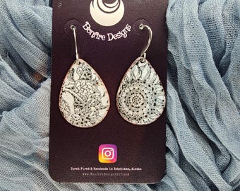 Sunflower Hand Fired Teardrop shape White Gray Black Earrings MADE IN ALASKA