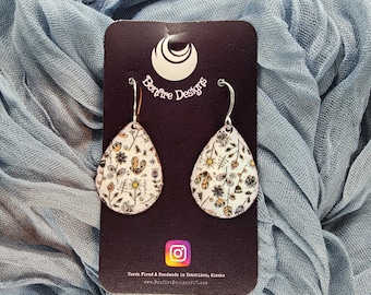 Floral Doodles Hand Fired Teardrop shape White Gray Black Earrings MADE IN ALASKA