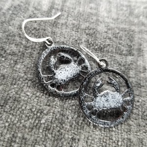 Dungeness King Opilio Crab Nautical Nature Fish Hand Fired Glass Black White with Silver Earrings MADE IN ALASKA