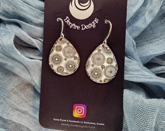 Modern Mandalas Hand Fired Teardrop shape White Gray Black Earrings MADE IN ALASKA