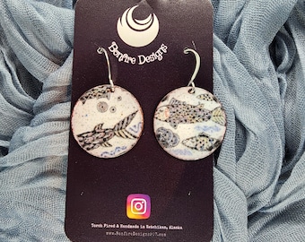 Herring Sardine Fishing Painted Circle Disc Hand Fired Glass White All Season Earrings MADE IN ALASKA