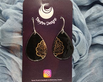 18k Gold Painted Black Shell Nautical Teardrop shape Hand Fired Earrings MADE IN ALASKA