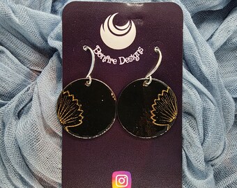 18k Gold Painted Black Shell Nautical 1" Disc shape Hand Fired Earrings MADE IN ALASKA