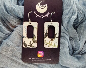 Ombre Greens Botanical Painted open rectangle Hand Fired Glass White All Season Earrings MADE IN ALASKA
