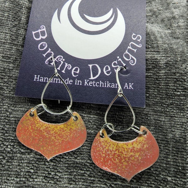 Glass Enamel Earrings Drop Shield Nautical Ocean Fish Hand Fired Coral and Yellow Earrings MADE IN ALASKA