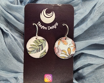 Multicolor Botanical Contrast Painted 1" Circle Disc Hand Fired Glass White All Season Earrings MADE IN ALASKA