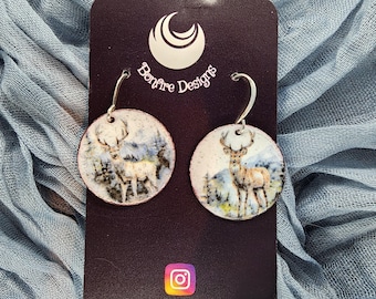 Big Buck Sitka Blacktail Painted Circle Disc Hand Fired Glass White All Season Earrings MADE IN ALASKA