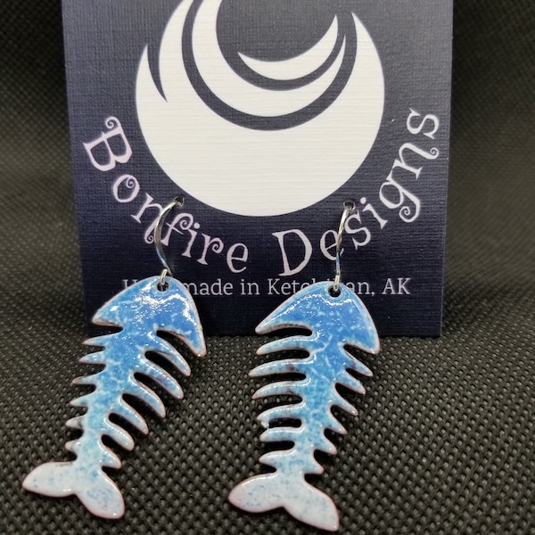 Salmon Fish Bones Nautical Ocean Fish Hand Fired Glass Cerulean and PowderBlue White Lucky Fishing Earrings MADE IN ALASKA
