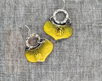 Curved Shield Vibrant Hand Fired Glass Black Yellow Party Festival Earrings MADE IN ALASKA