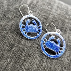 Dungeness King Opilio Crab Nautical Nature Fish Hand Fired Glass Blues with Silver Earrings MADE IN ALASKA