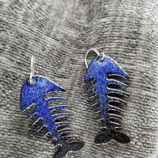 Salmon Fish Bones Nautical Ocean Fish Hand Fired Glass Ink Blue Purple Storm Black Lucky Fishing Earrings MADE IN ALASKA