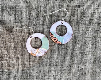 Open Disc Painted Botanical Abstract Hand Fired Glass White Earrings MADE IN ALASKA