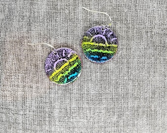 Festival Sunset Coast Vibrant Hand Fired Glass Black Yellow Blue Green Purple Party Festival Earrings MADE IN ALASKA