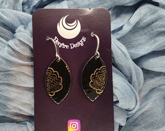 18k Gold Painted Black Shell Nautical Long Leaf shape Hand Fired Earrings MADE IN ALASKA