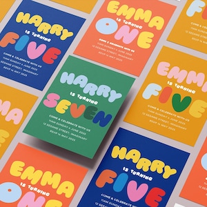 May include: Colorful birthday party invitations with a retro design. The invitations feature the names "Harry" and "Emma" with different ages, such as "One", "Five", and "Seven". The text "Come & Celebrate With Us" is included on each invitation.