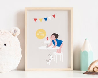 Birthday Art Print | Nursery Wall Decor | Kids Room Decor | Printable Art | Dog | Birthday Cake