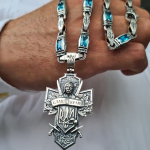Silver chain set with pendant, Ukrainian patriotic necklace with Cossack pendant, men&#39;s silver chain necklace