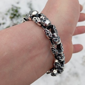 Heavy 925 Sterling Silver Skull Bracelet; men&#39;s silver bracelet; gothic biker bracelet