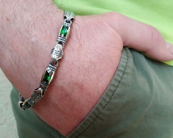Mens silver bracelet with stones; 925 sterling silver bracelet; bracelet for men; emerald silver bracelet; gothic bracelet; men&#39;s bracelets