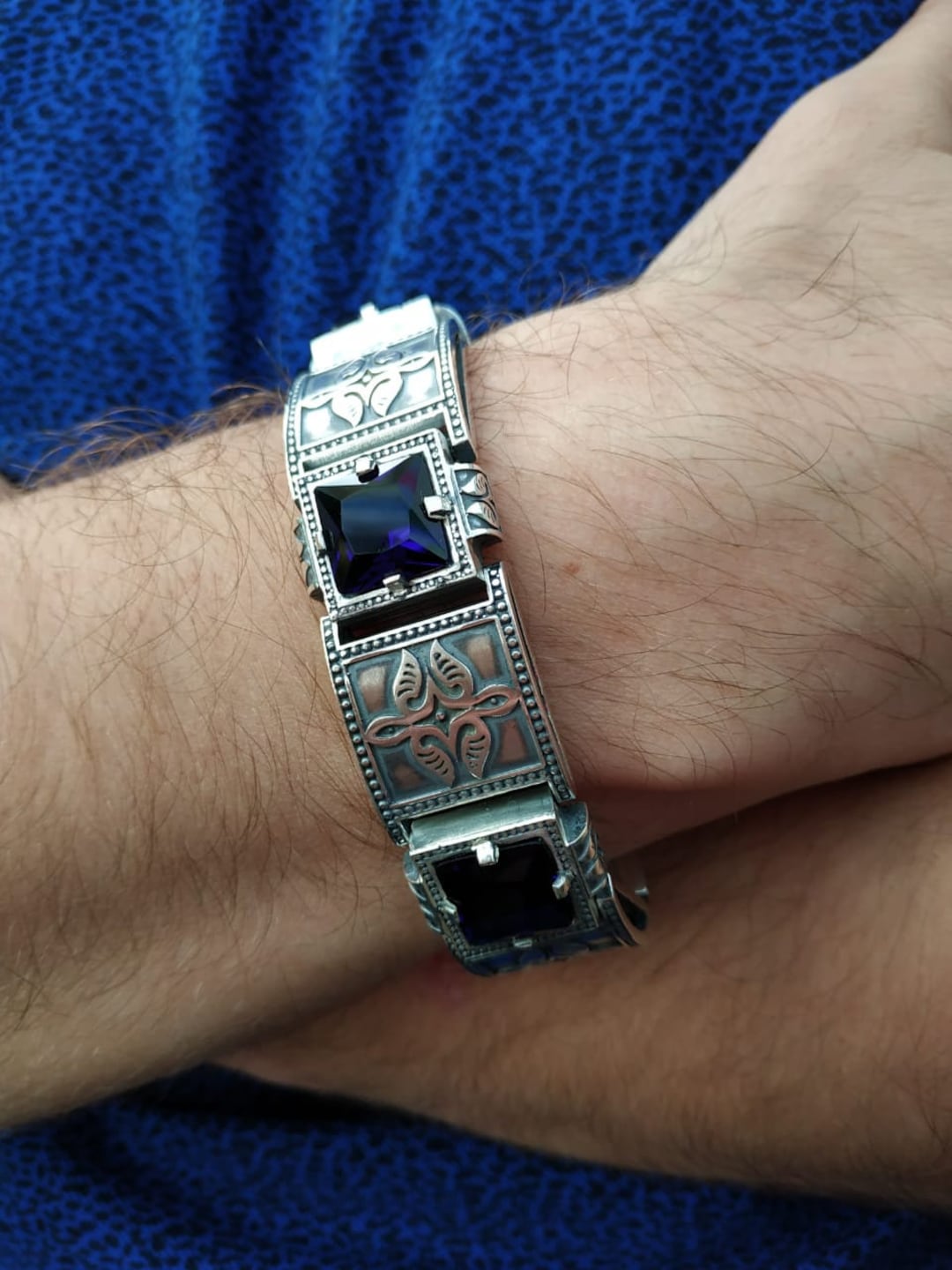 Mens Silver Bracelet Mens Bracelet With Stones Silver Etsy