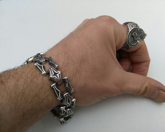 925 Sterling Silver Bracelet With Garnet Stones; Men's Silver