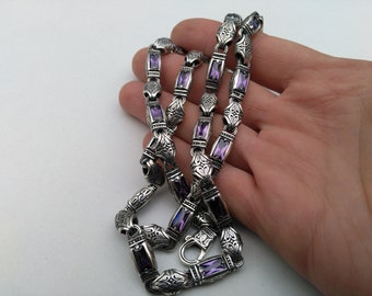 Mens silver necklace with stones; silver chain for men; 925 sterling silver necklace; exclusive mens necklace with amethyst ; mens necklace