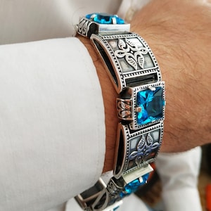 Exclusive mens silver bracelet; 925 sterling silver bracelet with topaz stones; mens bracelet handmade; men&#39;s bracelet with blues stones