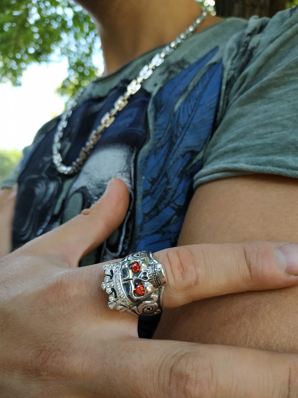 925 Sterling Silver Skull Ring; Mens Skull Ring With Stones