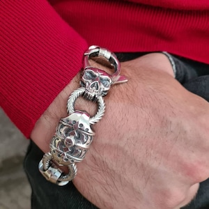 925 sterling silver bracelet for bikers; men's skull bracelet