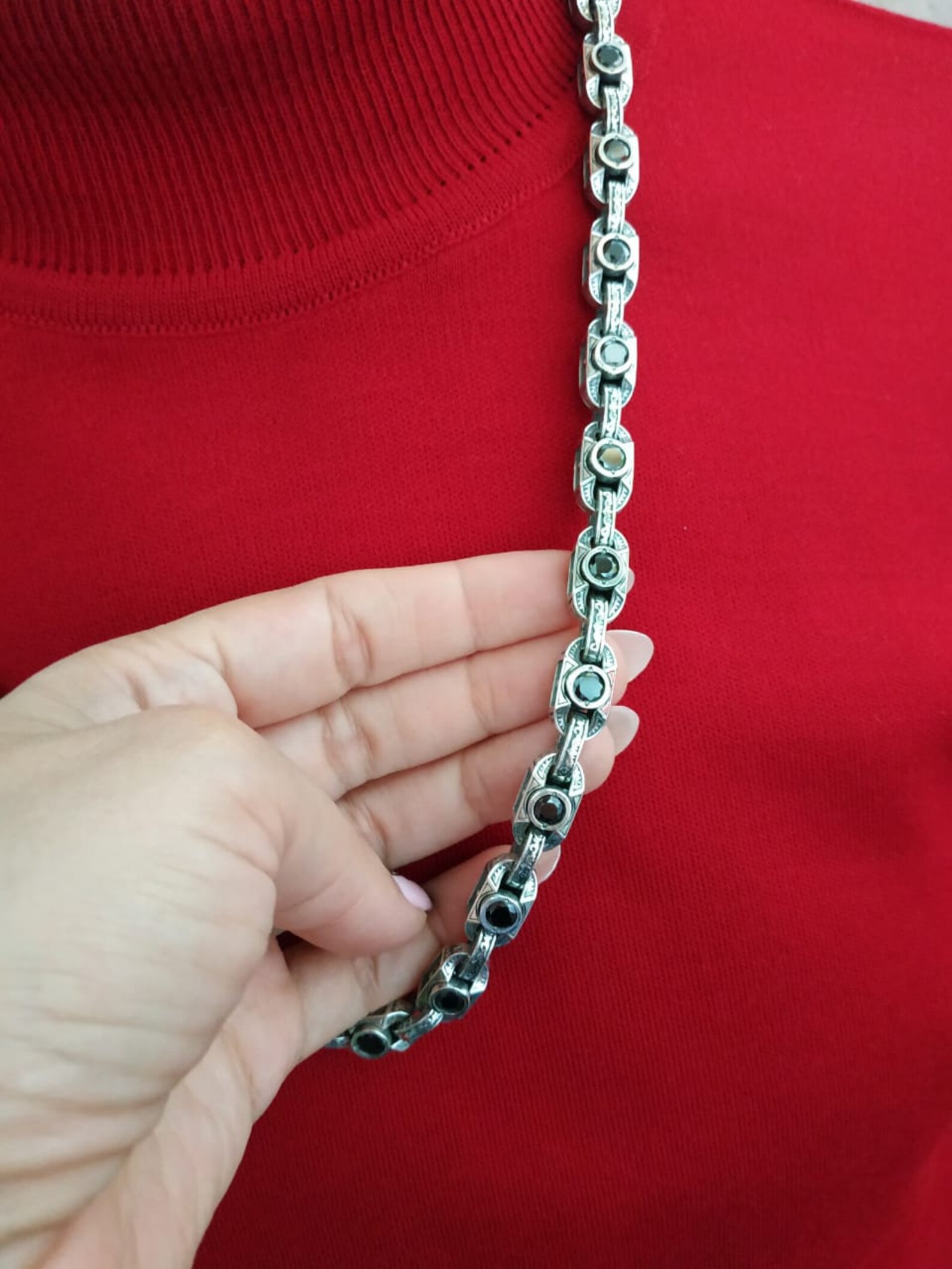 Mens Sterling Silver Necklace With Onyx Stones Mens Silver Chain Silver