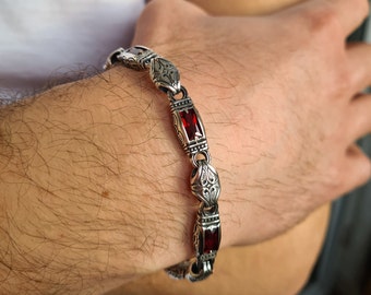 Mens gothic bracelet with floral ornament and garnet stones Exclusive 925 sterling silver bracelet