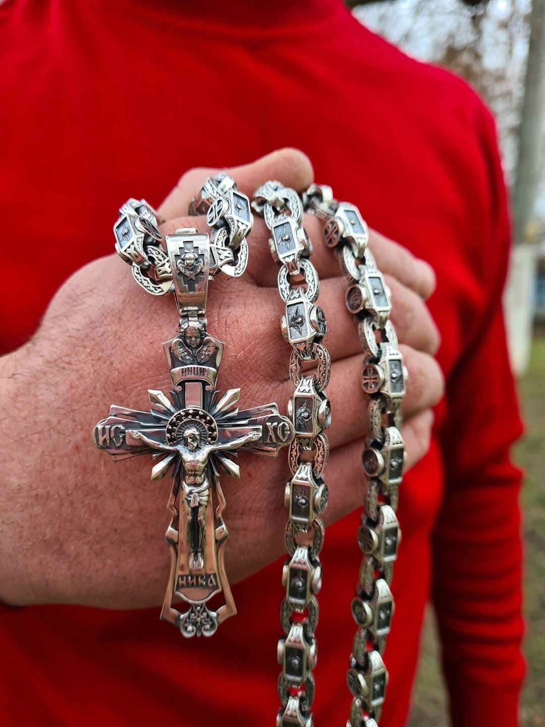 Men's Silver Necklace Set With a Cross Chain With Holy Faces 925