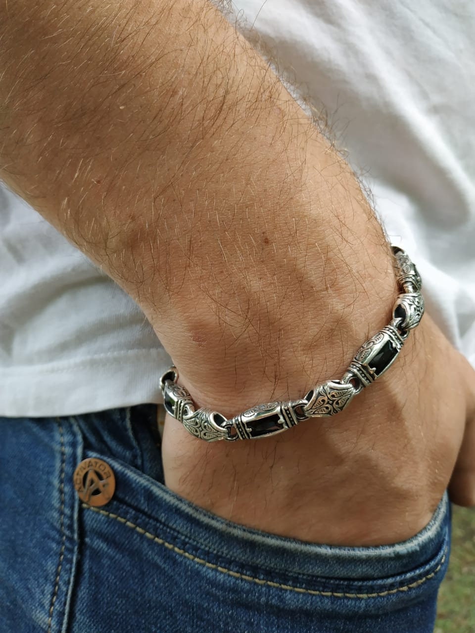 925 Sterling Silver Bracelet With Onyx Stones; Mens Silver 925 Sterling Silver Bracelet With Onyx Stones; Mens Silver