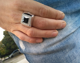 Men's silver ring; mens rings with stones; mens jewelry handmade; ring with onyx; 925 sterling silver rings for men;  Men's silver jewelry