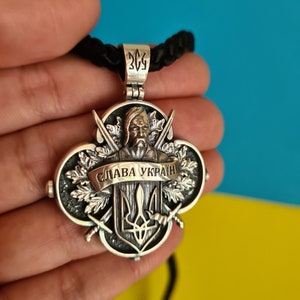 Patriotic silver pendant &quot;Glory to Ukraine&quot; Silver pendant Cossack Mens silver pendant 925 sterling silver Ukrainian trident necklace