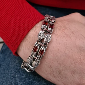 Bracelet with garnet stones for men; 925 sterling silver bracelet