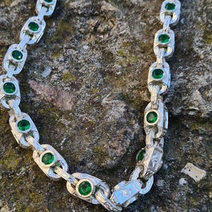 Mens 925 sterling silver necklace with green stones; solid silver chain for men; jewelry with artificial emeralds