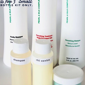 May include: Three bottles of hair care products, a shampoo, a smoothing treatment, and a smoothing masque. The bottles are white with green and black text. The text on the bottles reads "CHI enviro" and "Pearl & Silk Complex". The bottles are arranged on a white surface. The text "This sale is for 3 small bottle kit only." is in the top left corner of the image. The text "Exquisite Beauty" is in the bottom centre of the image.