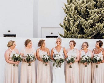 oyster colour bridesmaid dresses Six Stories Cowl Back Satin Bridesmaid Dress