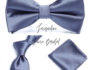 Stahlblaue Groomsmen Fliege, Krawatte und Einstecktuch im Set für die Hochzeit