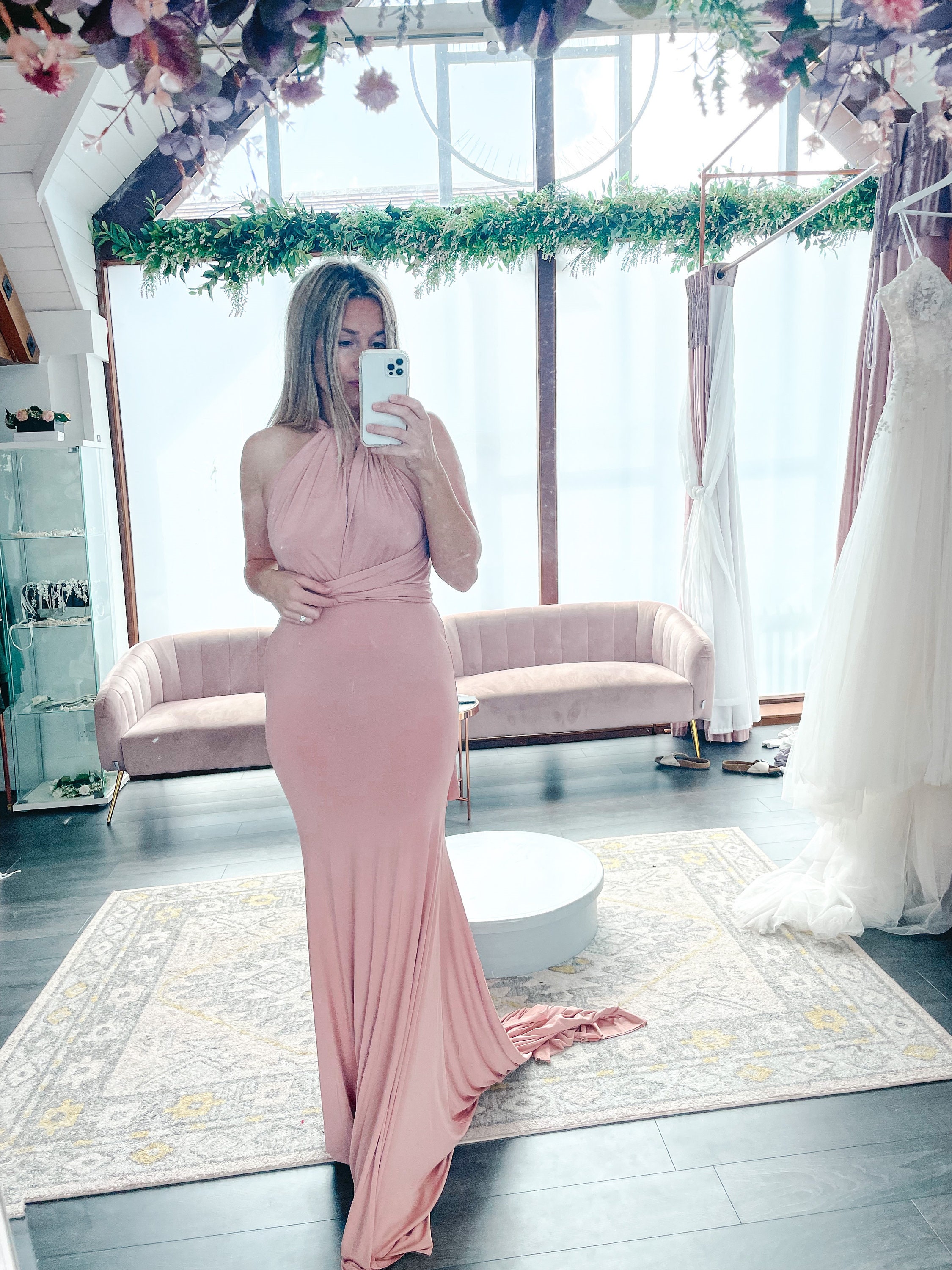 pink fishtail bridesmaid dresses Sheer Luck Marlee Beaded Floral Wrap Hip Fishtail Dress (Light Pink) M