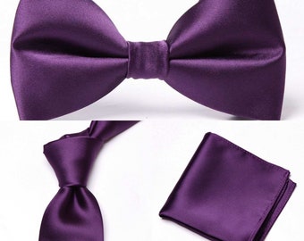 Aubergine Purple Groomsmen Bow tie, tie and pocket square set for weddings