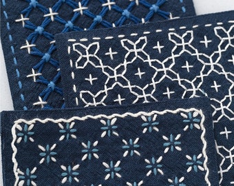 Kit Sashiko, patrón preimpreso, embalaje de material Sashiko, regalos DIY para artesanos, kit de tela con huella de mano para principiantes, paquete de material para posavasos