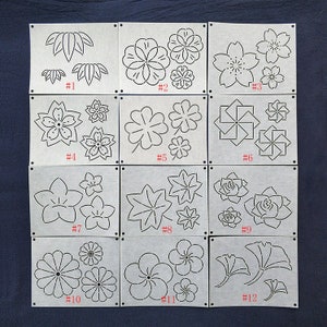 Pochoir sashiko, motif de broderie sashiko, pochoir de style japonais, pochoir pour courtepointe, motif de fleurs, motif sous-verres, motif créatif