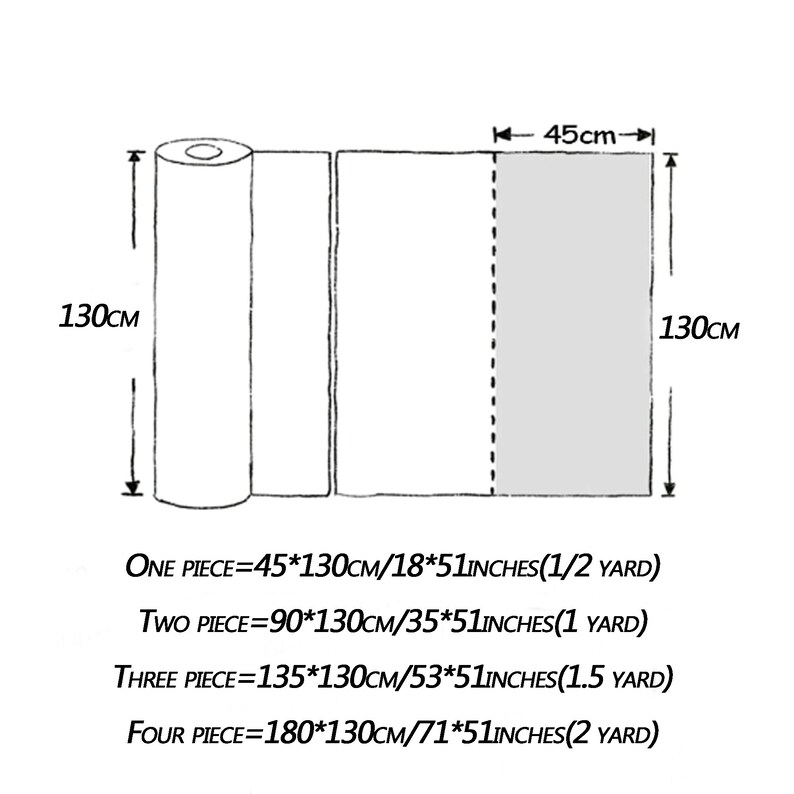 May include: Diagram showing a fabric roll and cut pieces, with dimensions in centimetres and inches. The text provides measurements for one to four pieces, with lengths from 45cm to 180cm and a width of 130cm. The roll is 130cm high.